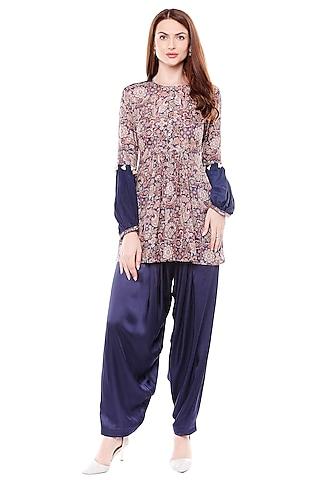 navy blue printed top with pants