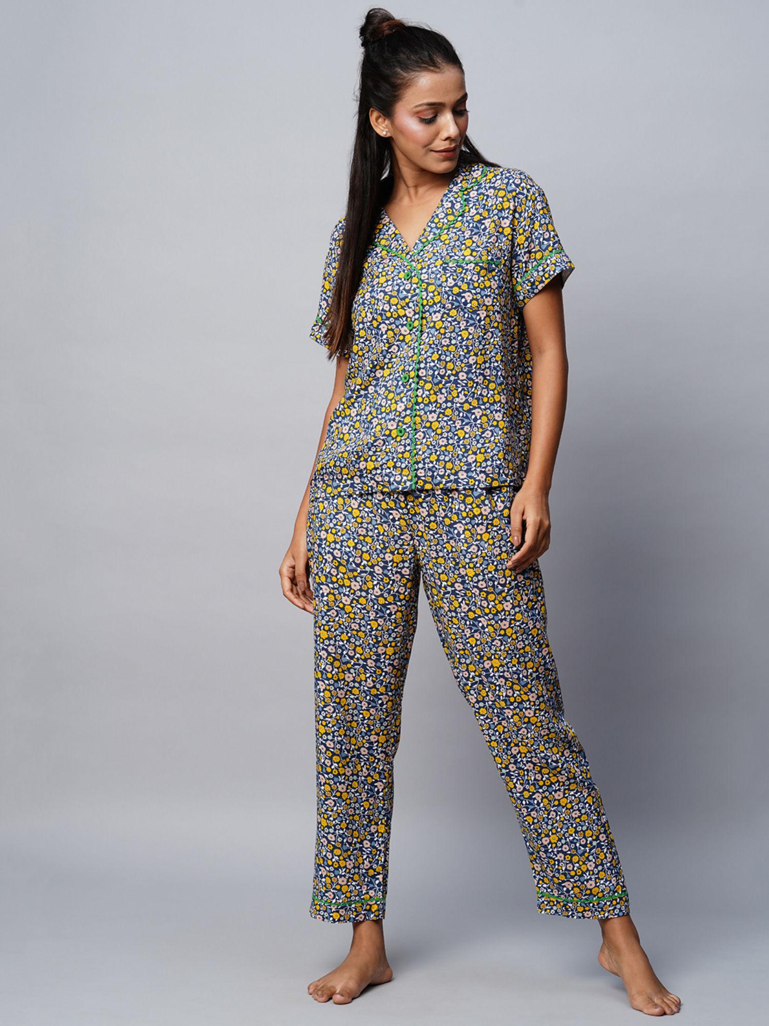 navy blue printed viscose printed pyjama with ric rac detailing (set of 2)