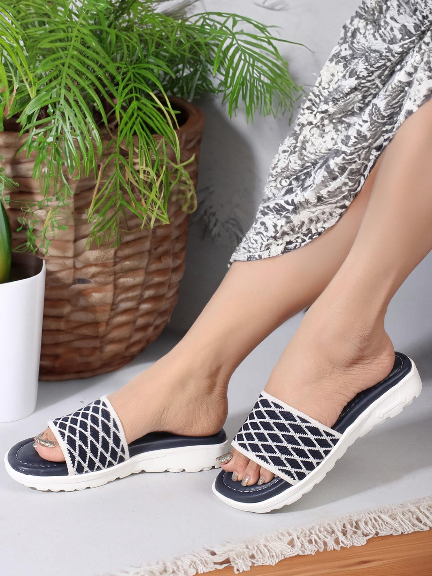 navy blue printed women comfort slider