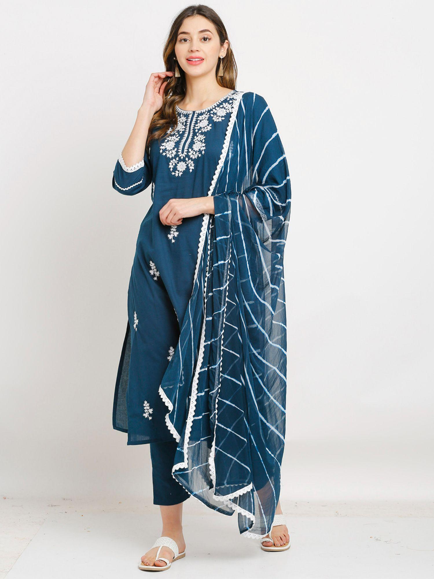 navy blue pure cambric cotton floral embroidered kurta with dupatta (set of 3)