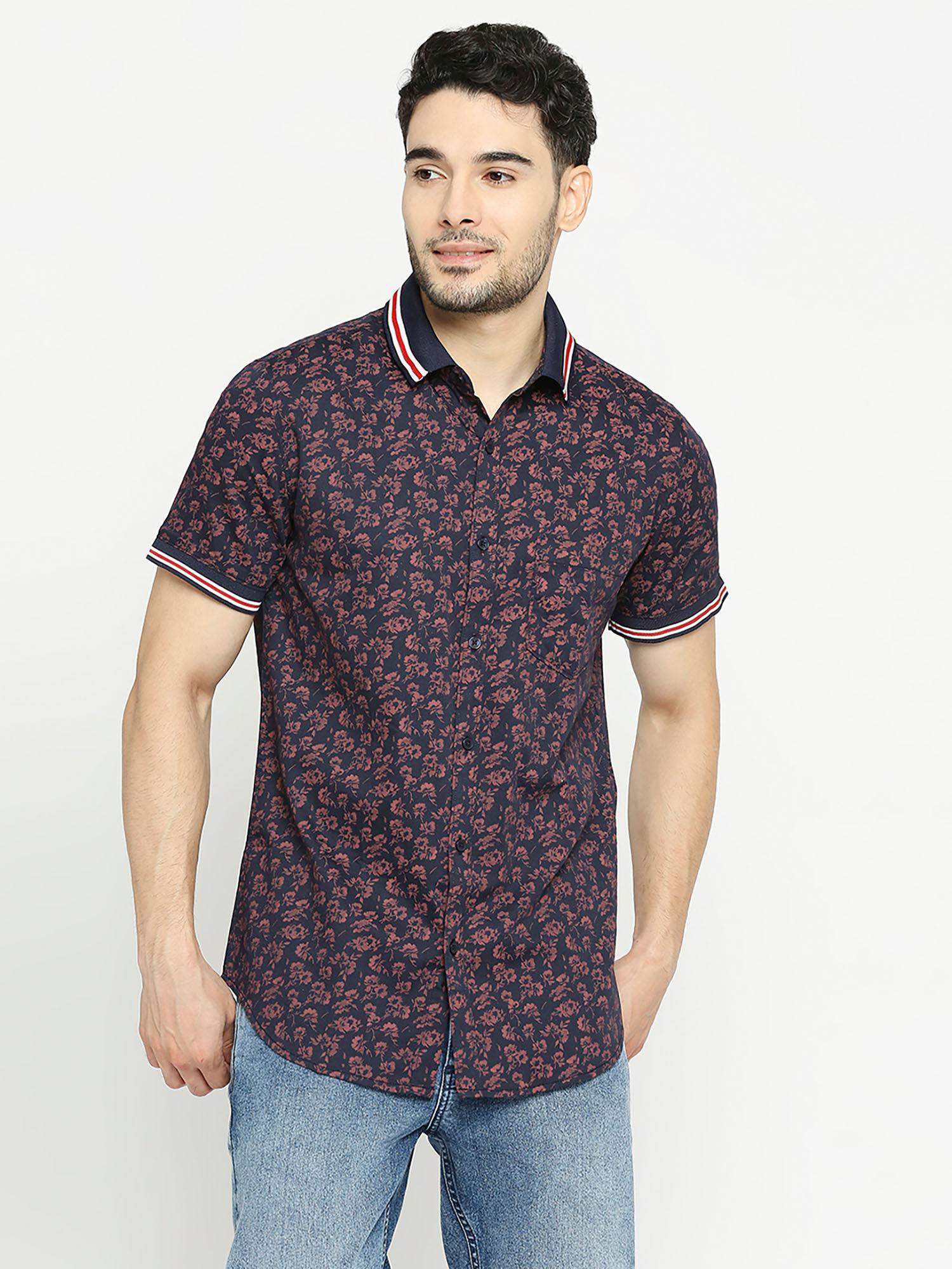 navy blue pure cotton floral slim fit half sleeves casual shirt