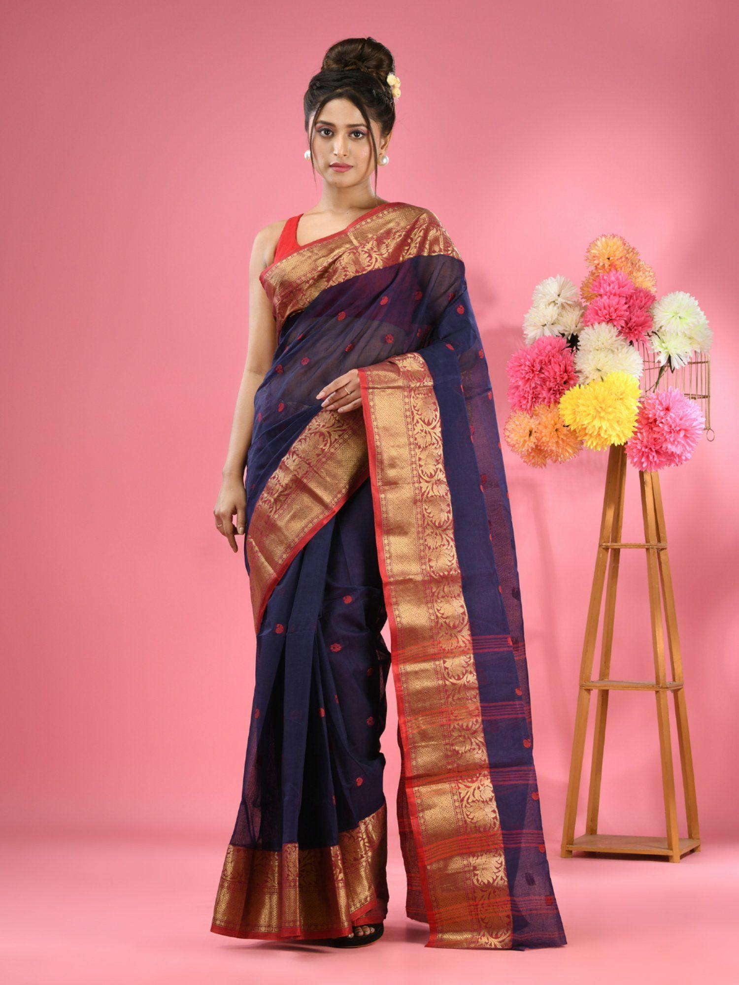 navy blue pure cotton tant zari border saree without blouse