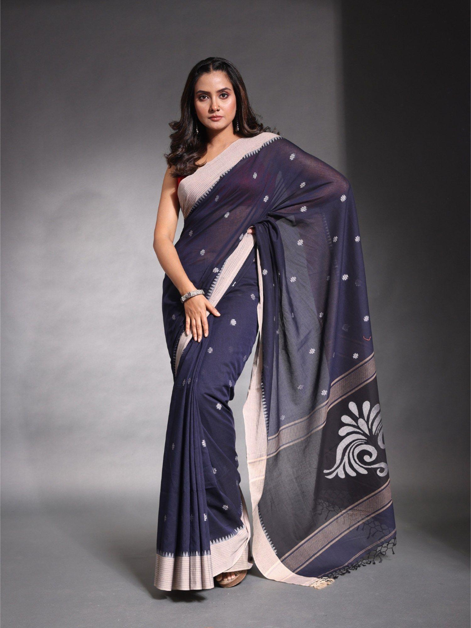 navy blue pure cotton temple border soft saree with unstitched blouse