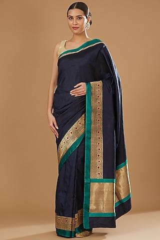 navy blue pure katan silk banarasi handloom saree