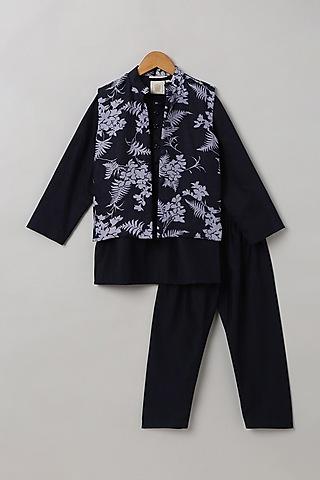 navy blue pure linen kurta set with printed bundi jacket for boys