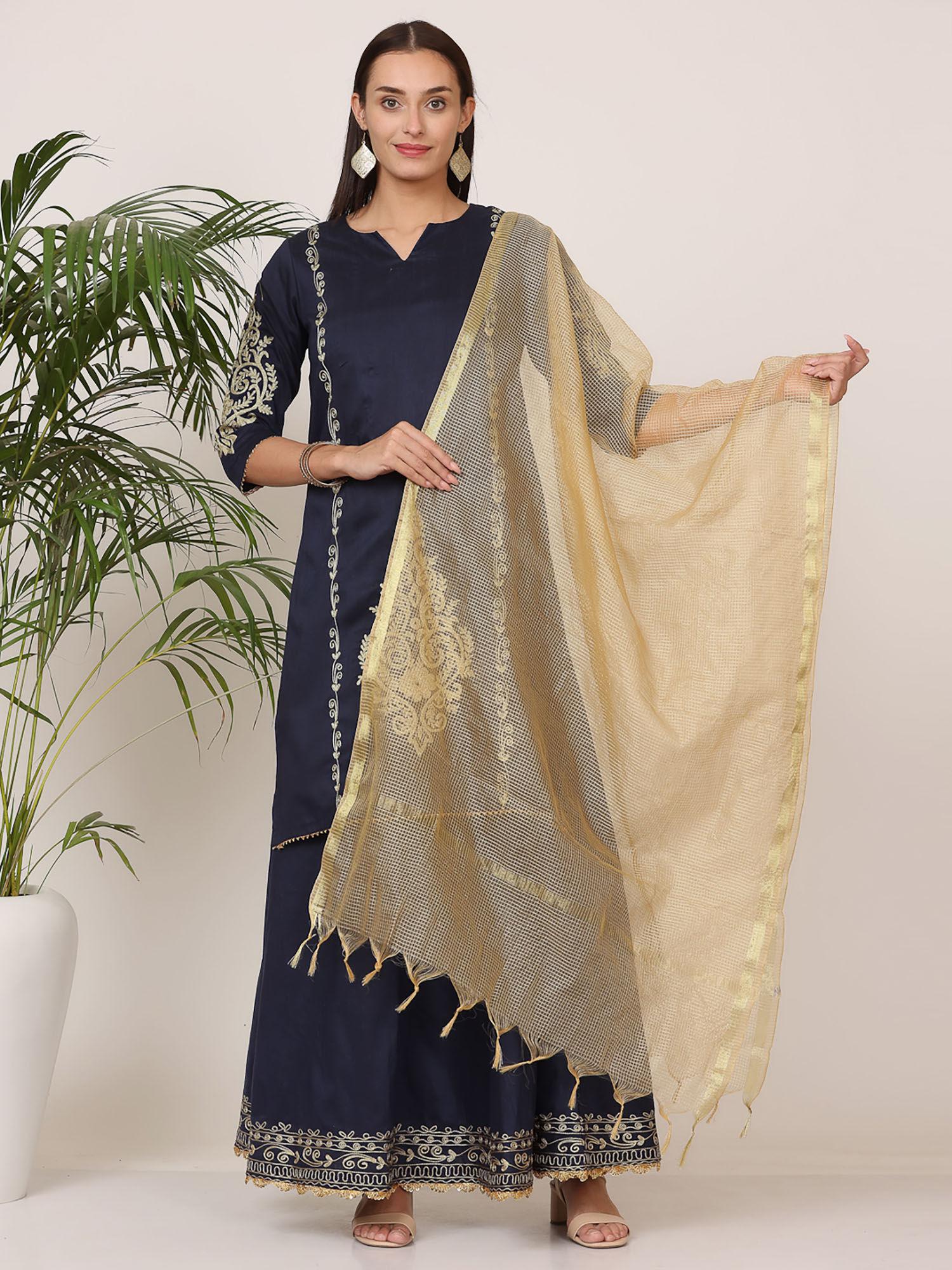 navy blue pure silk embroidered flayed kurta skirt with dupatta (set of 3)