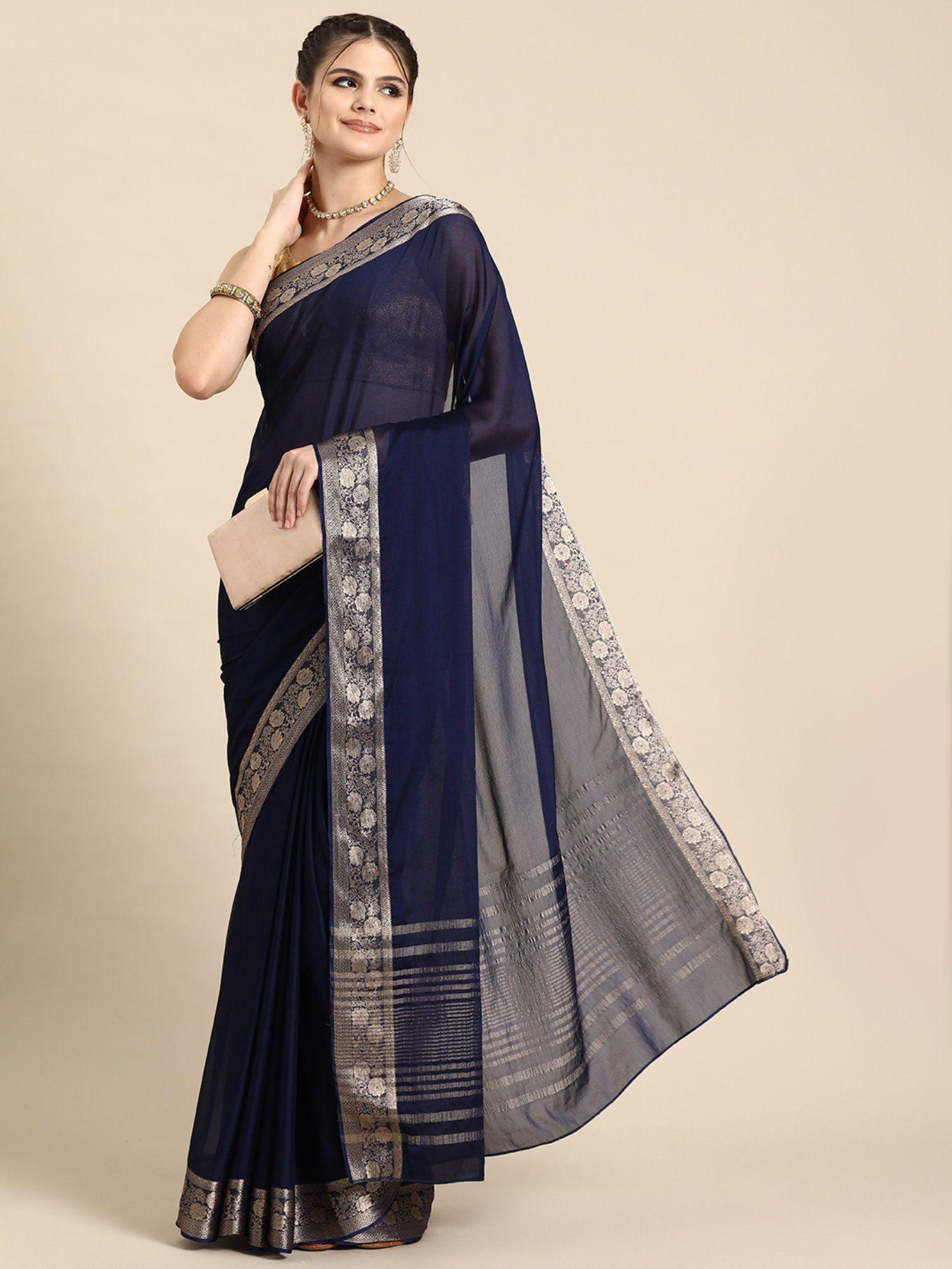 navy blue pure viscose chinon zari banarasi saree and unstitched blouse