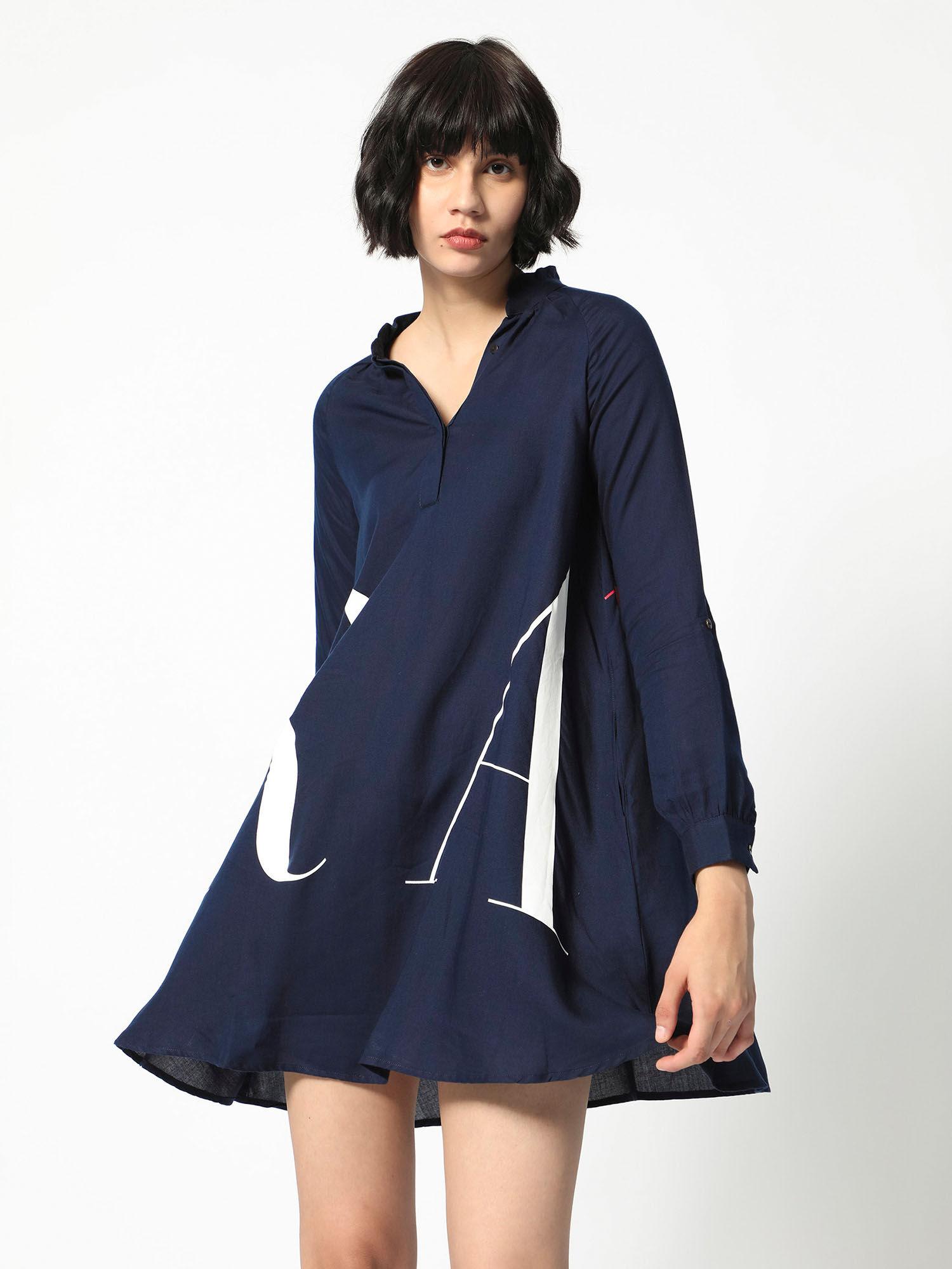 navy blue rare branding print mini dress