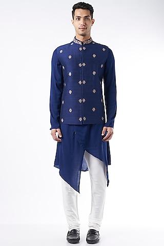 navy blue raw silk embroidered bundi jacket