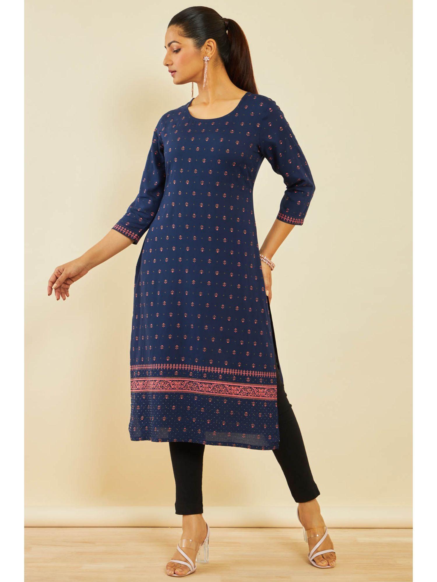 navy blue rayon abstract print kurta with beads