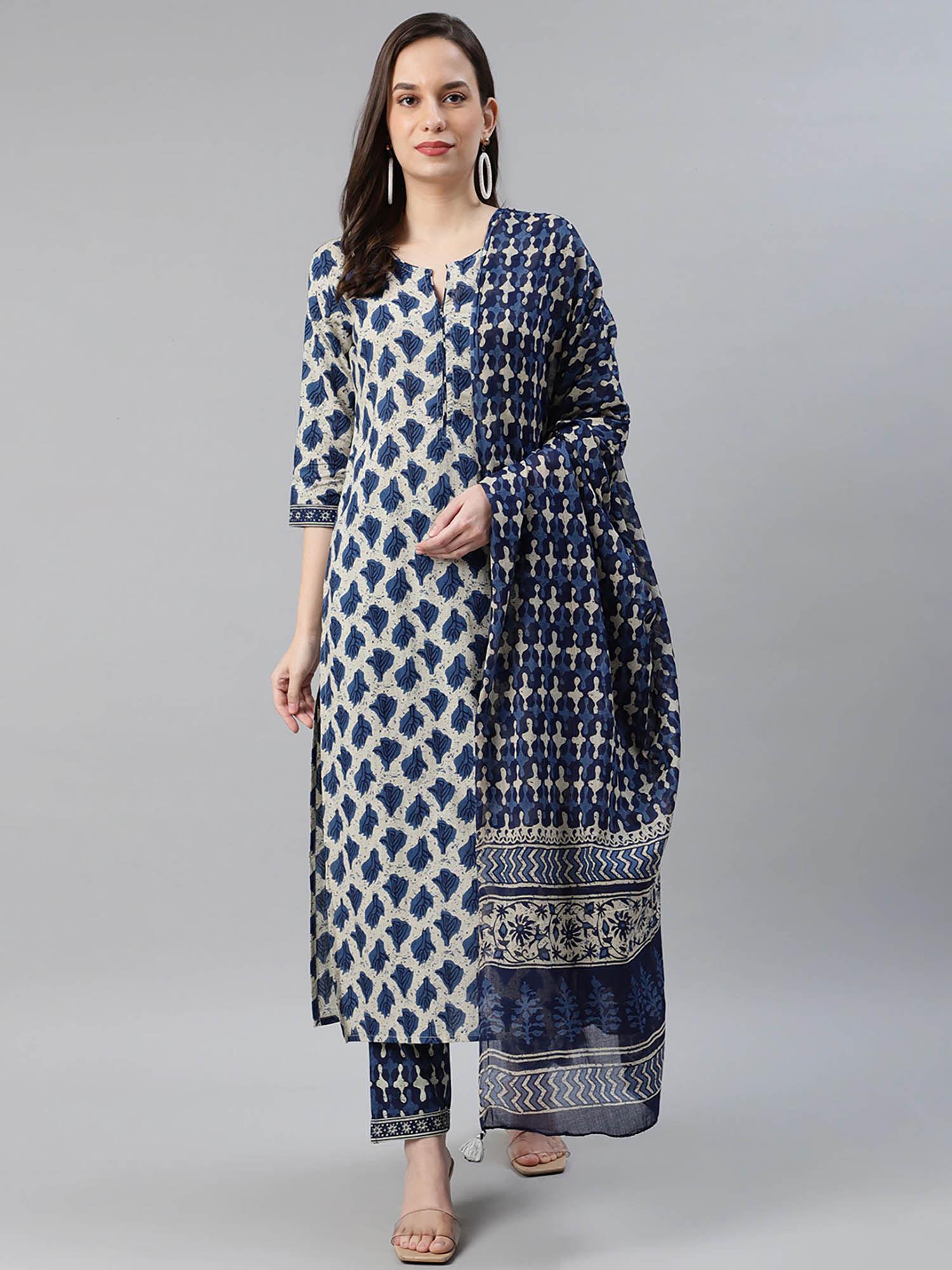 navy blue rayon blend ethnic motifs printed kurta pants with dupatta (set of 3)