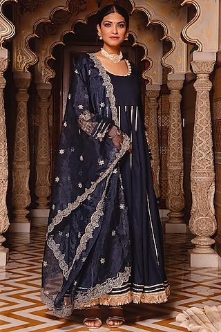 navy blue rayon embroidered anarkali set