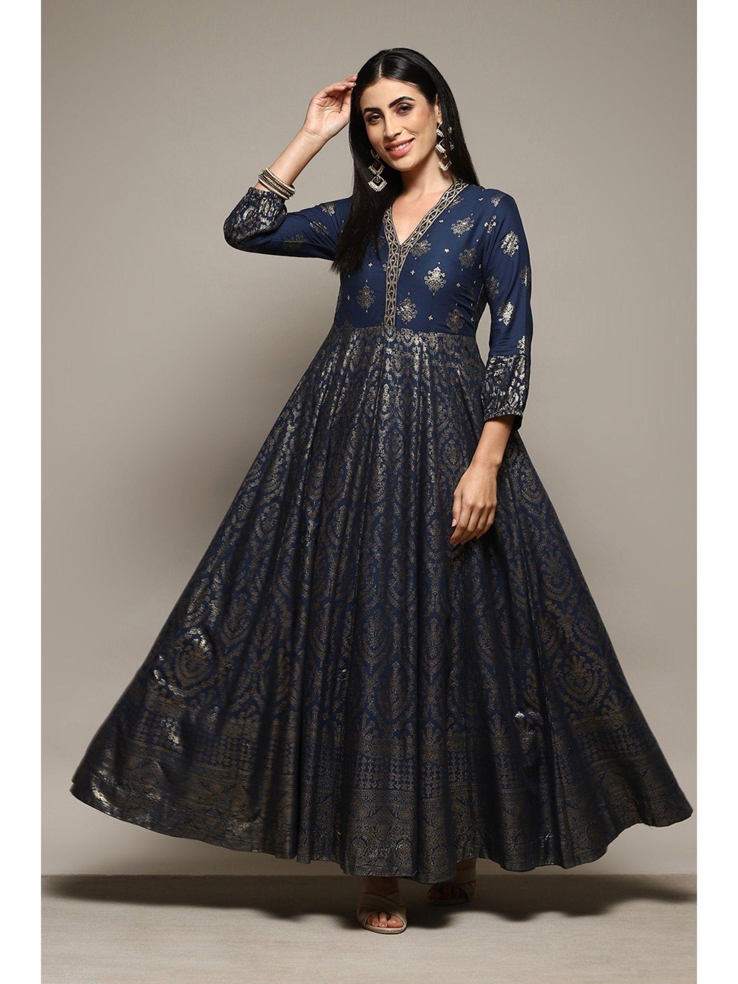 navy blue rayon flex embroidery maxi dress