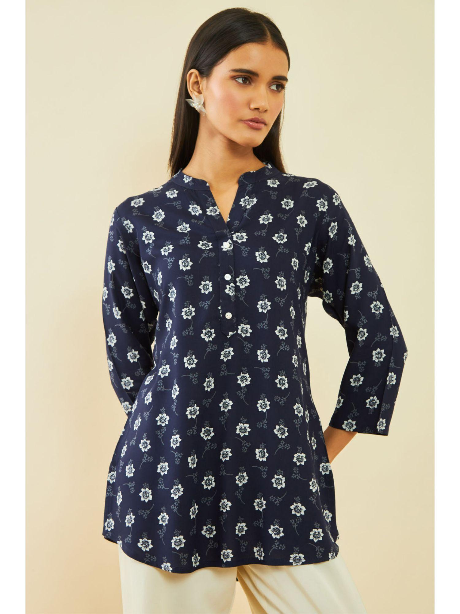 navy blue rayon floral print tunic