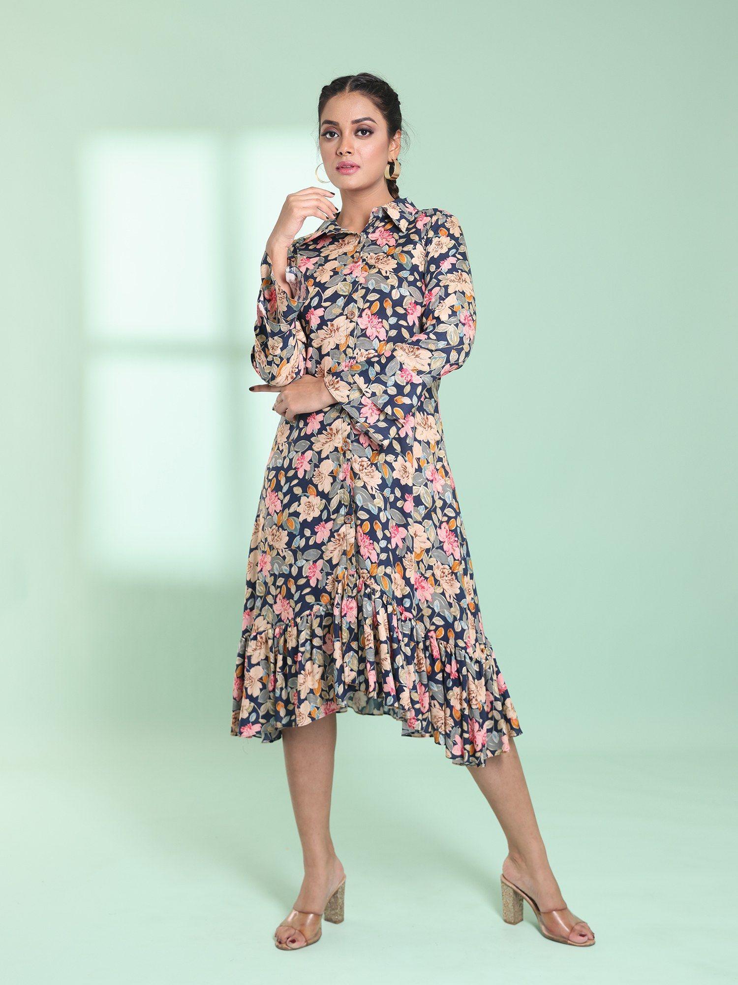 navy blue rayon floral printed a-line stitched ethnic dress