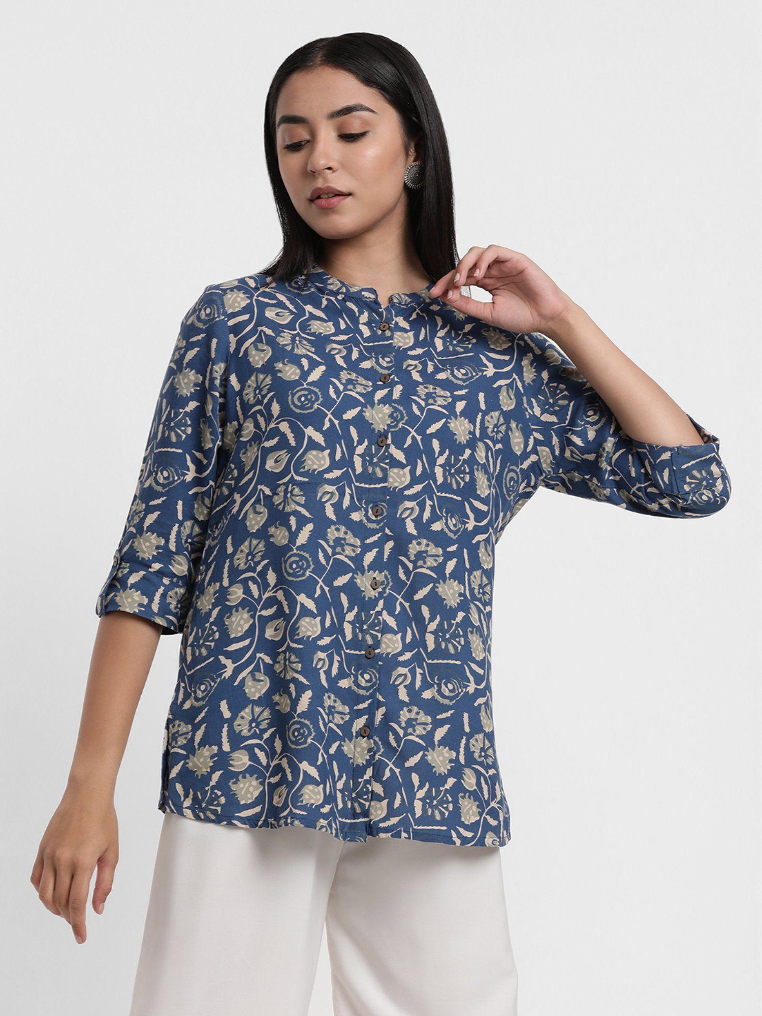 navy blue rayon floral printed tunic