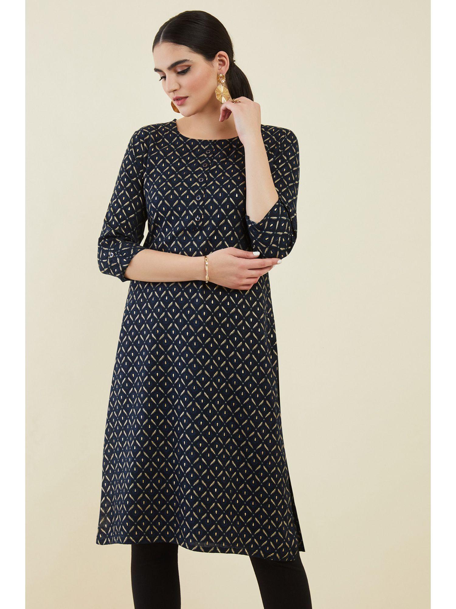 navy blue rayon kurta with block printed patterns