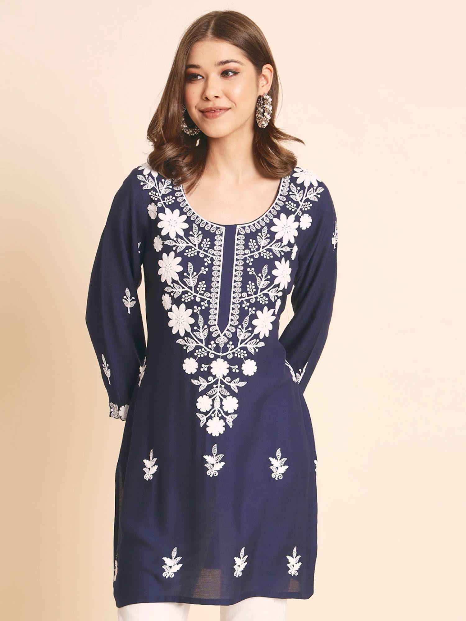 navy blue rayon lucknowi chickankari work kurti