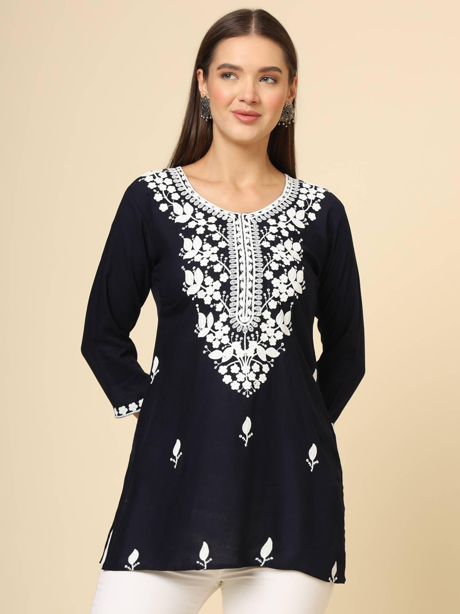 navy blue rayon lucknowi chickankari work kurti