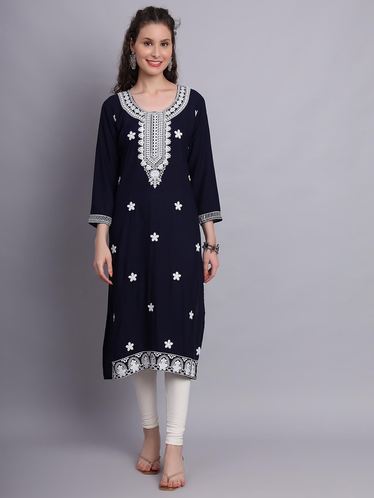 navy blue rayon lucknowi chikankari work straigh kurta