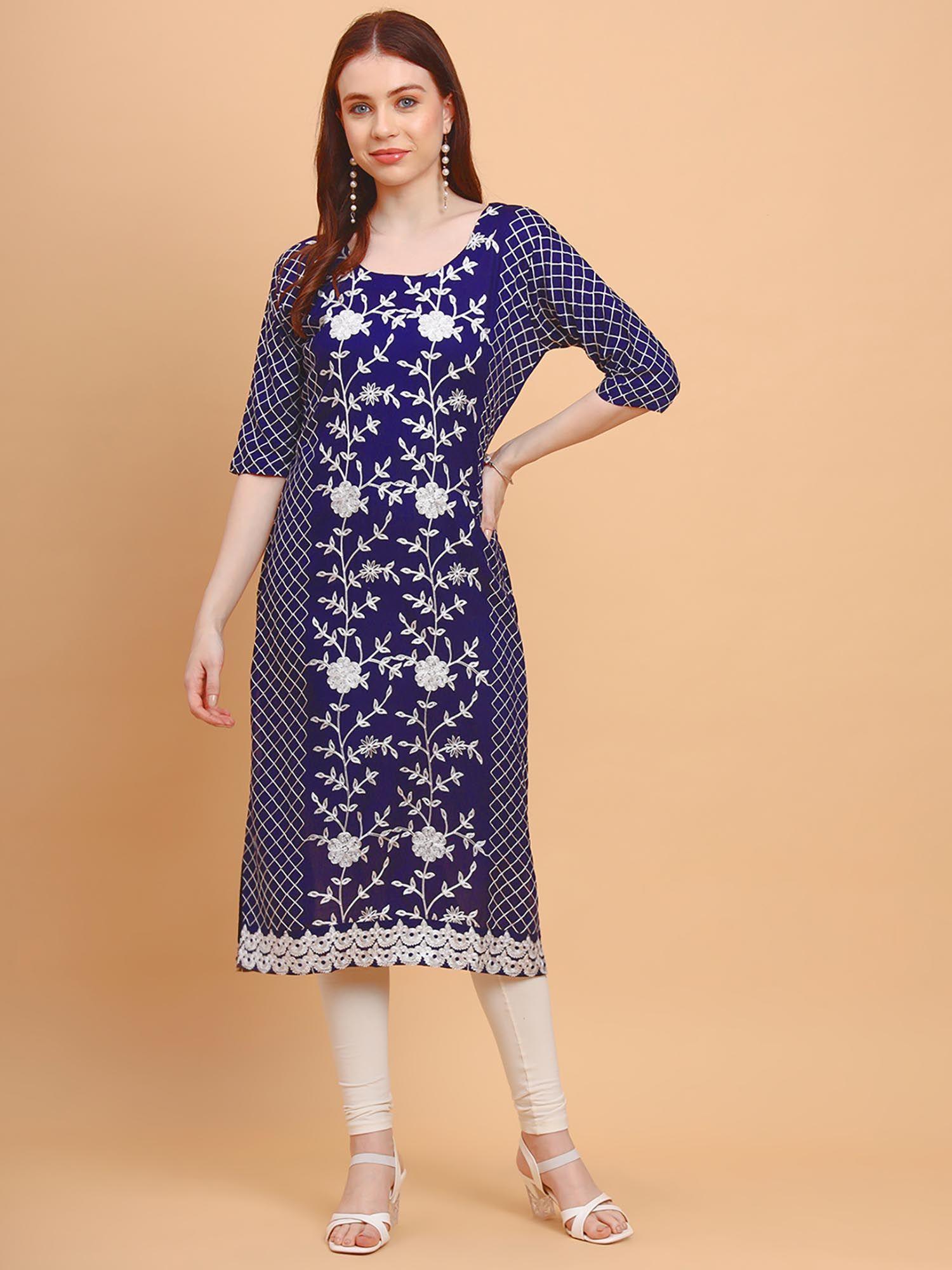 navy blue rayon lucknowi chikankari work straight kurta