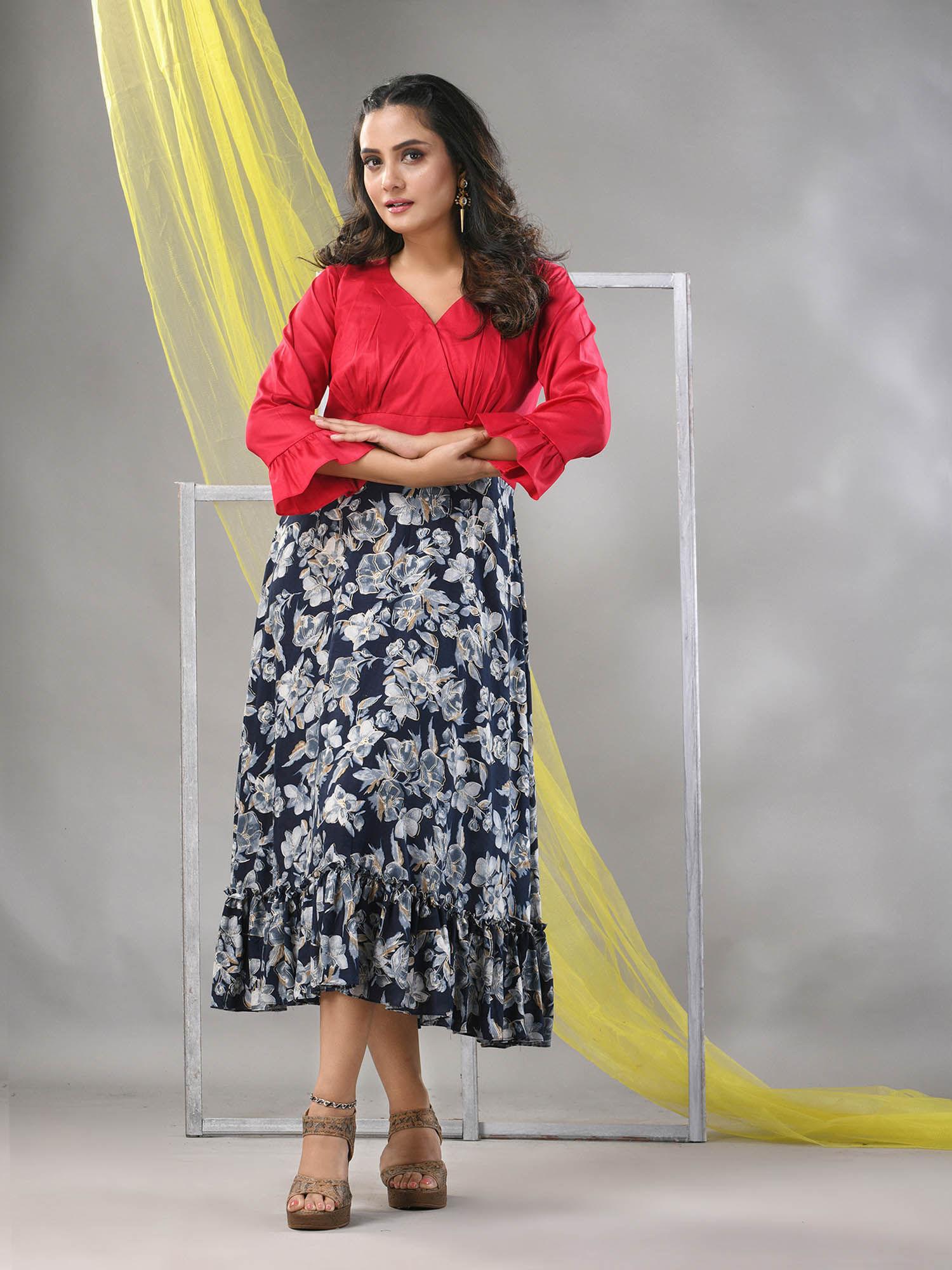 navy blue rayon printed flared ethnic dress