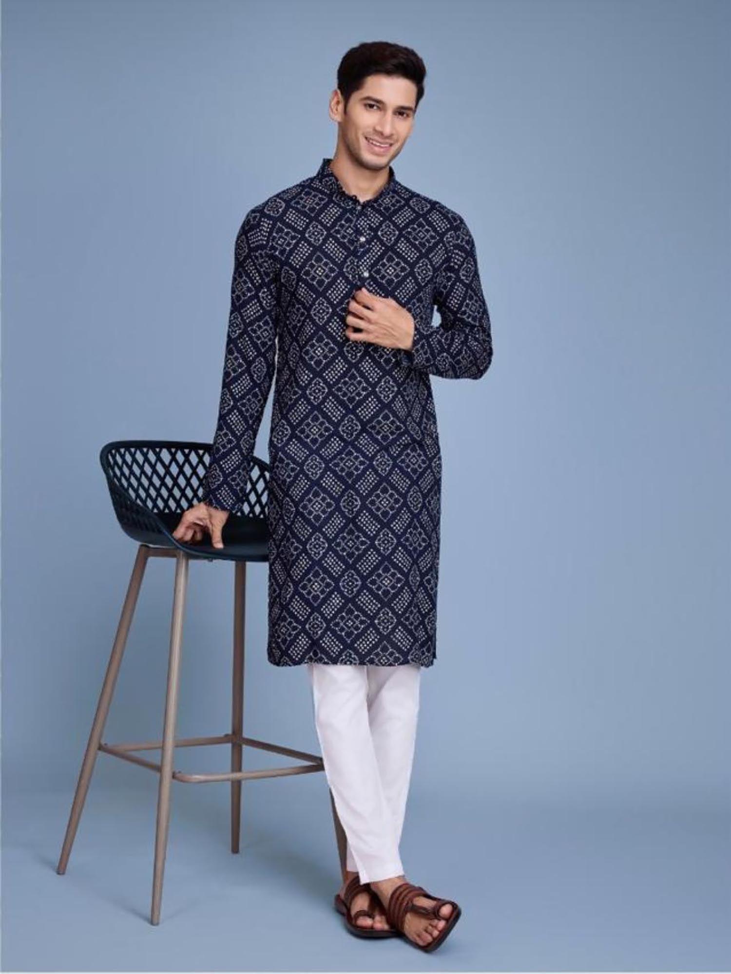 navy blue rayon printed stitched kurta