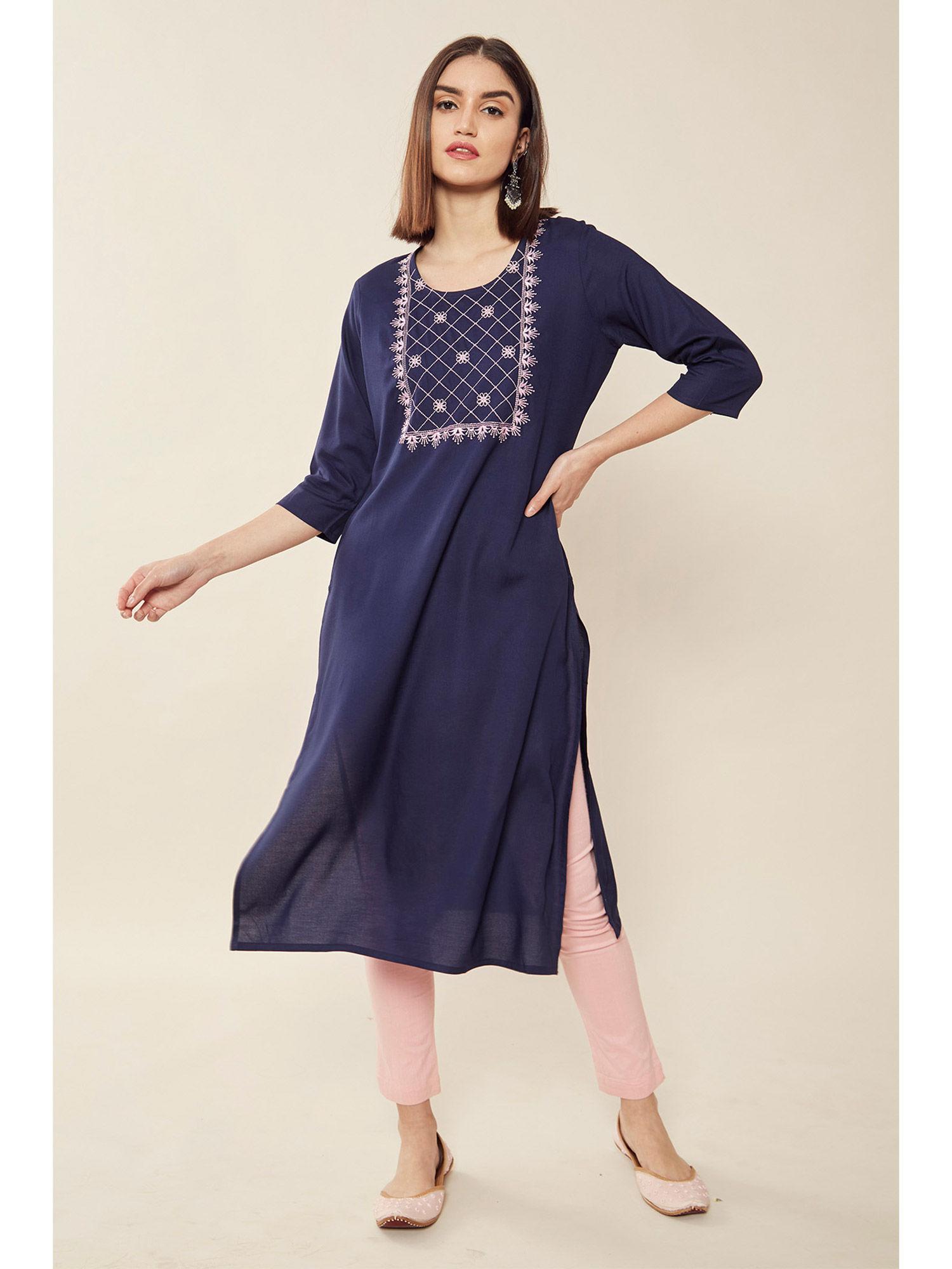 navy blue rayon straight embroidered kurti