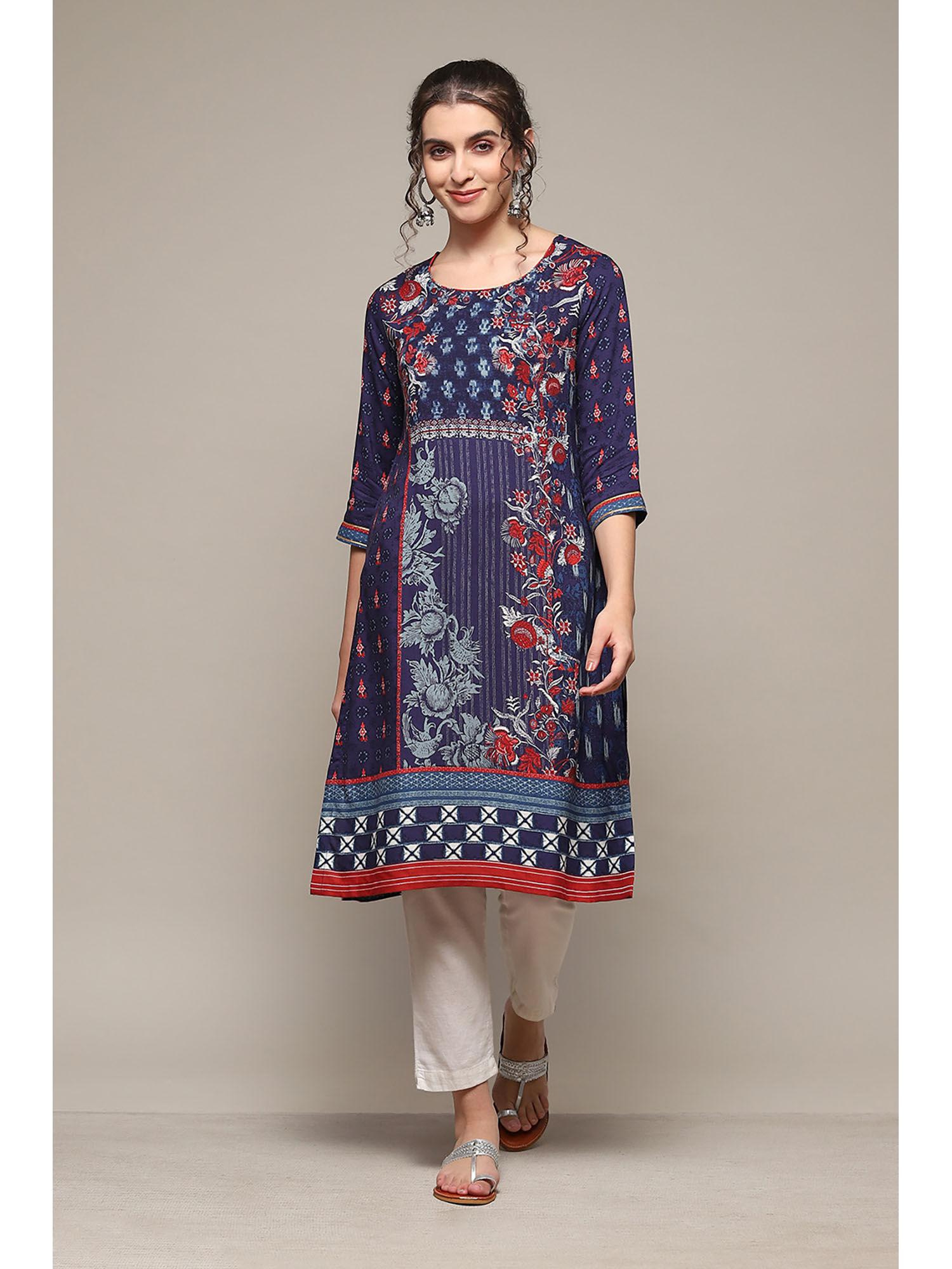 navy blue rayon straight printed kurta