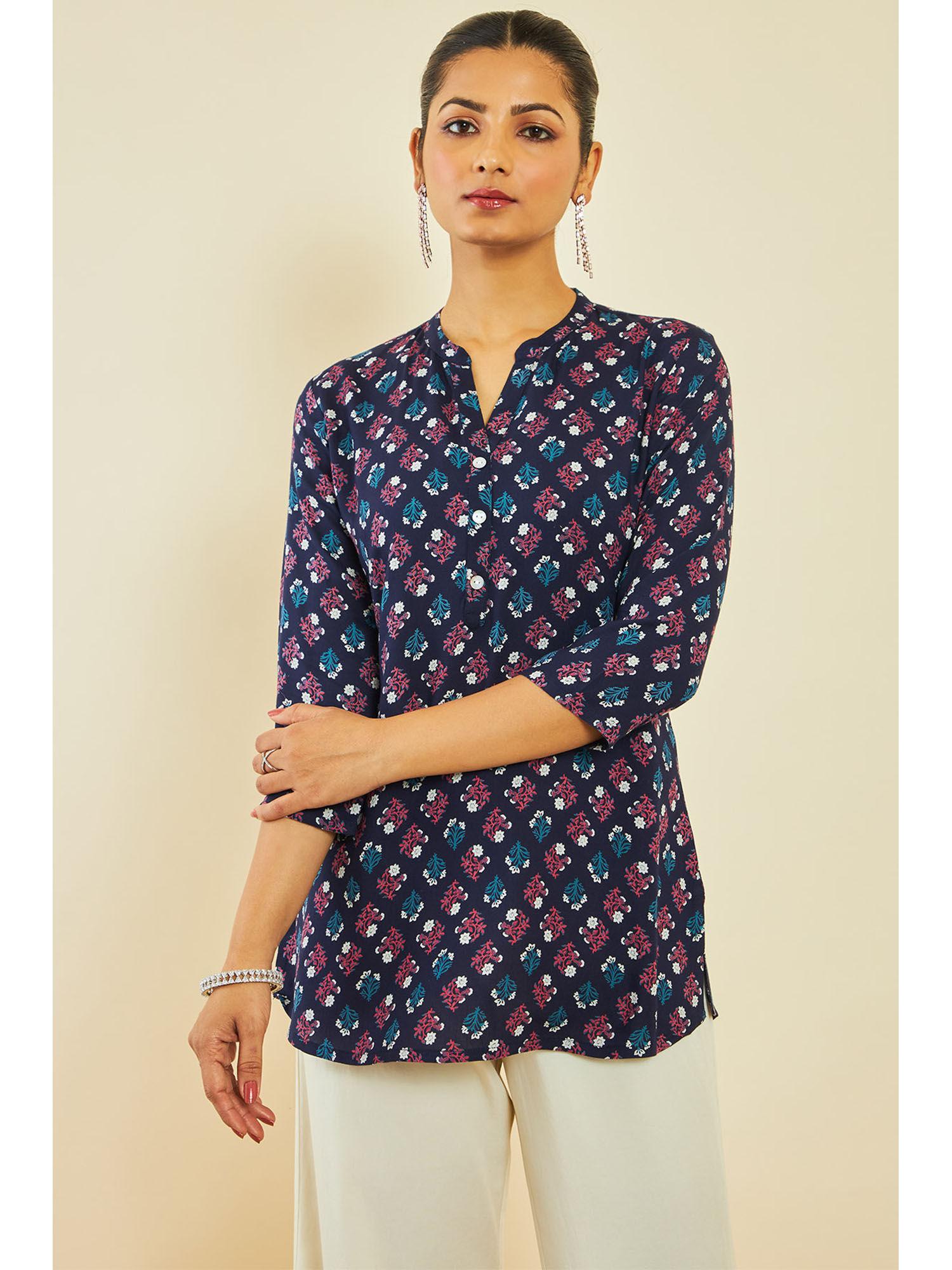 navy blue rayon tunic with floral print