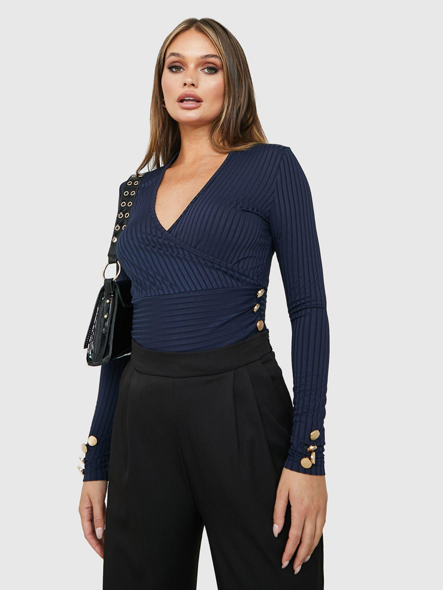 navy blue ribbed long sleeve v neck fitted knit top with button details