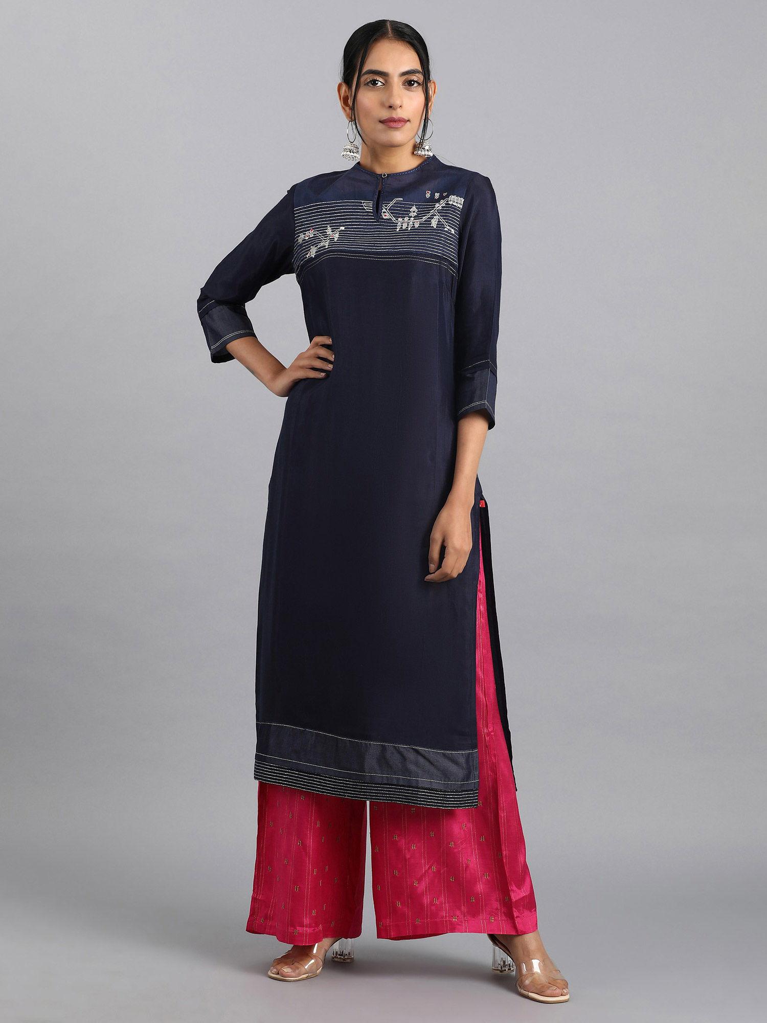 navy blue round neck embroidered kurta