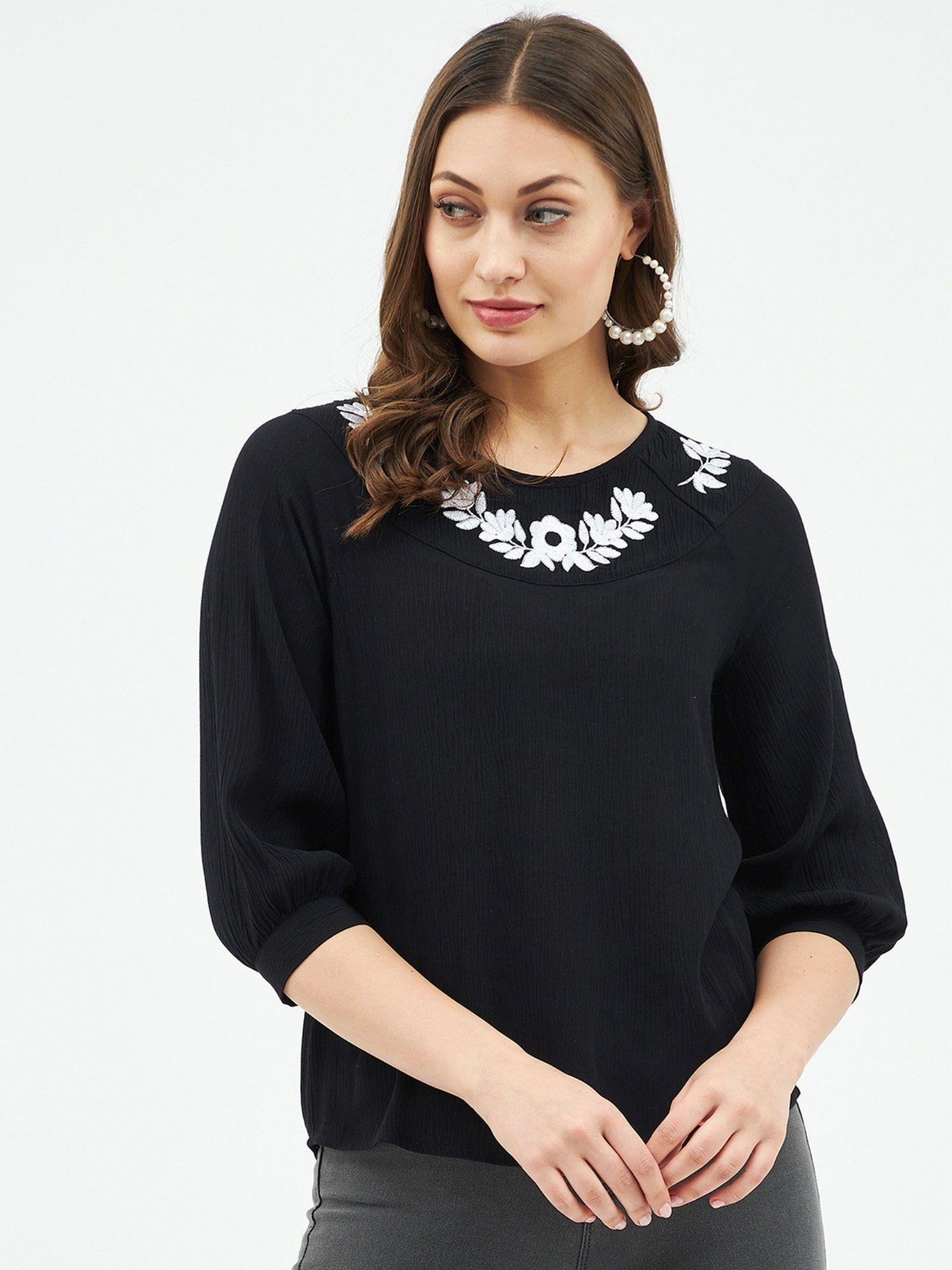 navy blue round neck three fourth sleeve top