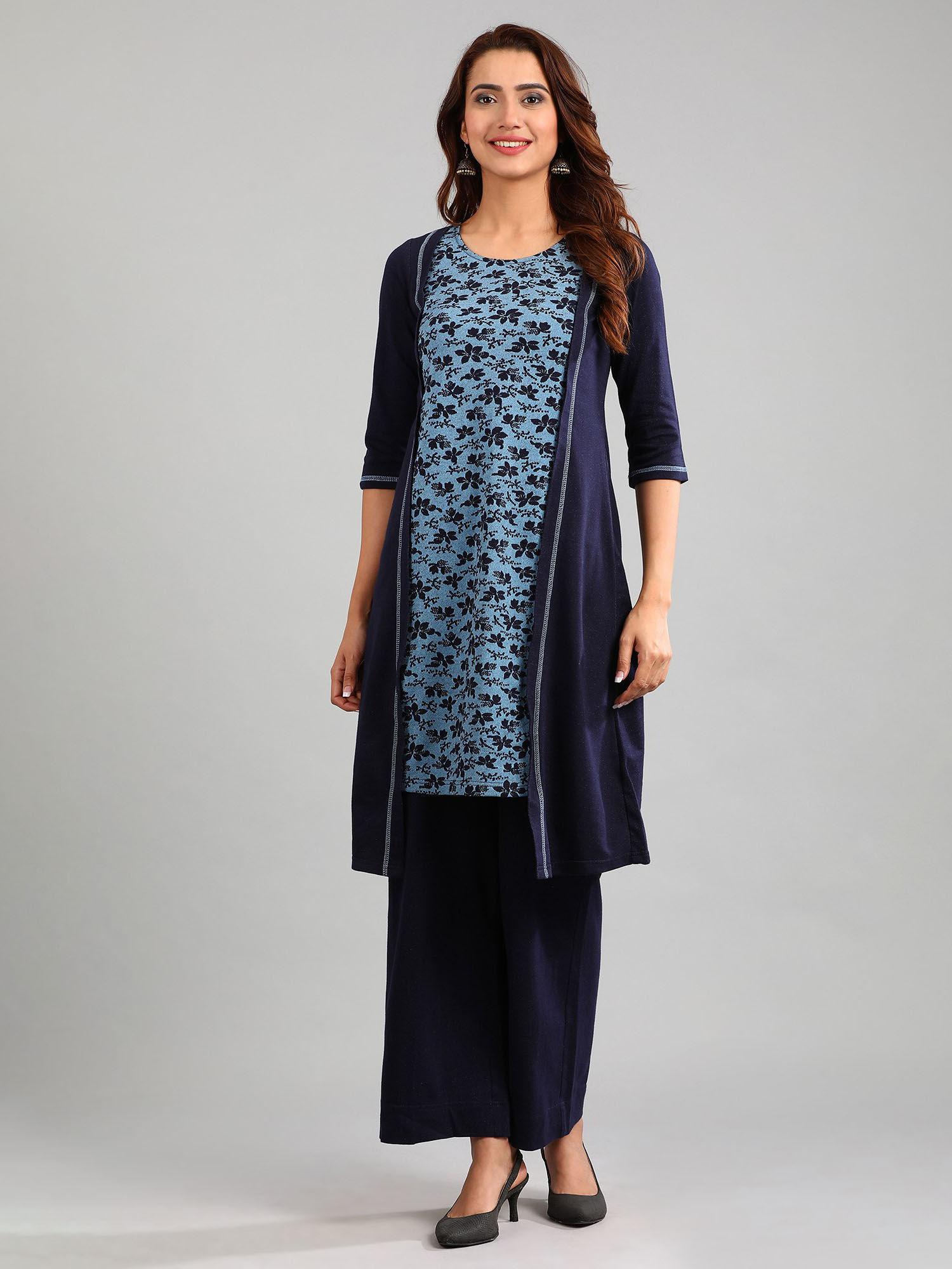 navy blue round neck yarn-dyed winter kurta