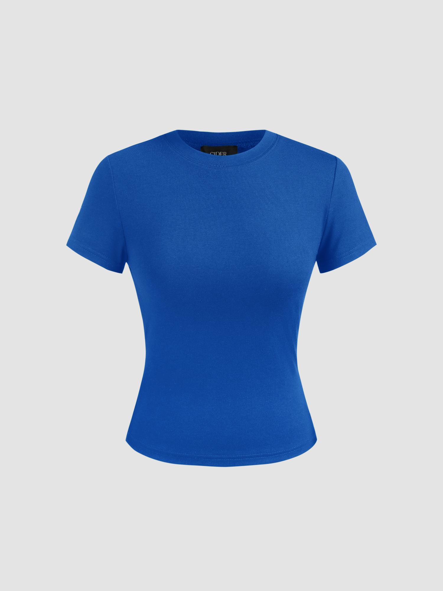 navy blue round neckline knit short sleeve top