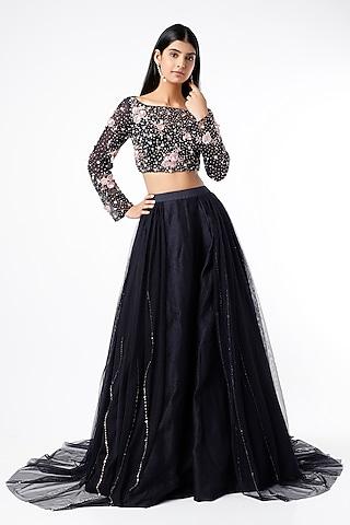 navy blue ruched lehenga set