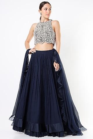 navy blue ruched lehenga set