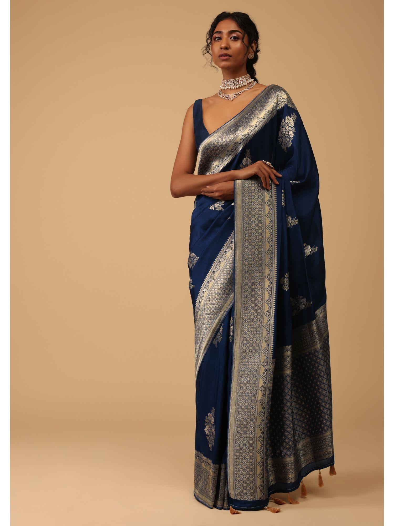 navy blue saree dola silk woven floral buttas with unstitched blouse