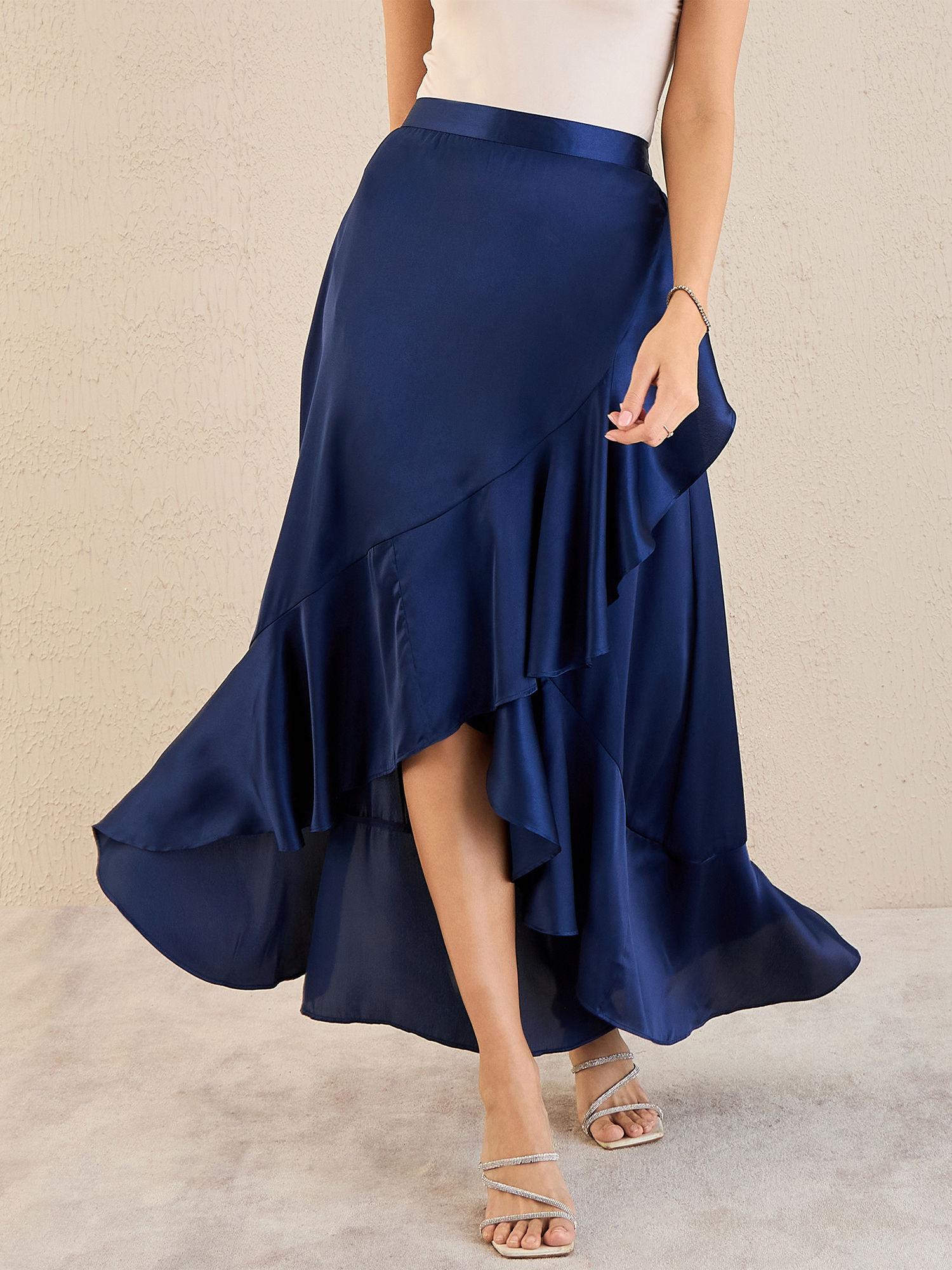 navy blue satin broad frill long skirt