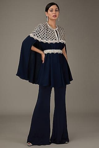 navy blue satin chiffon embellished cape set