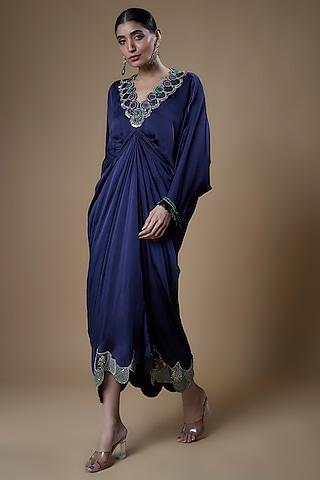 navy blue satin embroidered dress