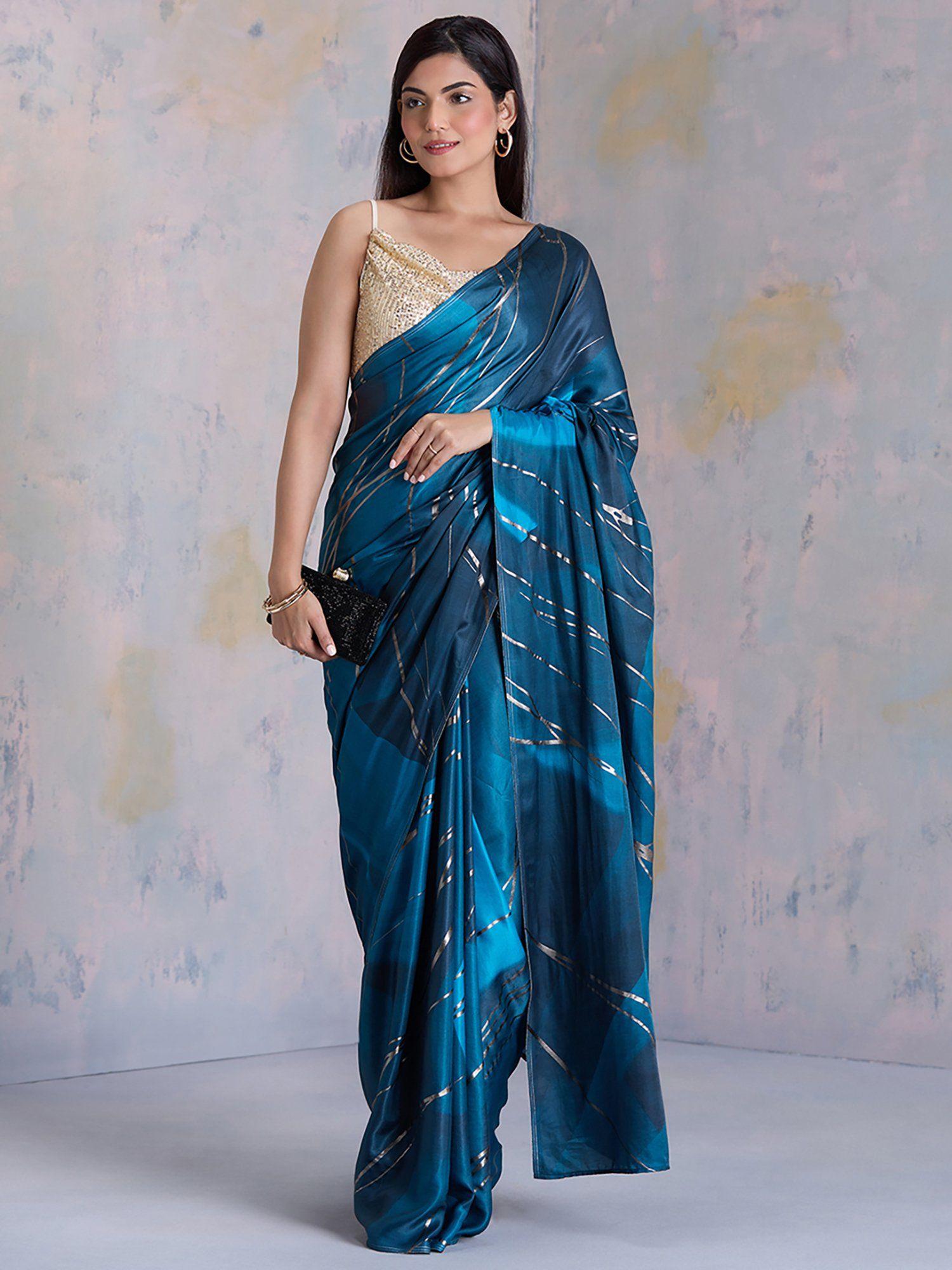 navy blue satin foil print saree with unstitched blouse