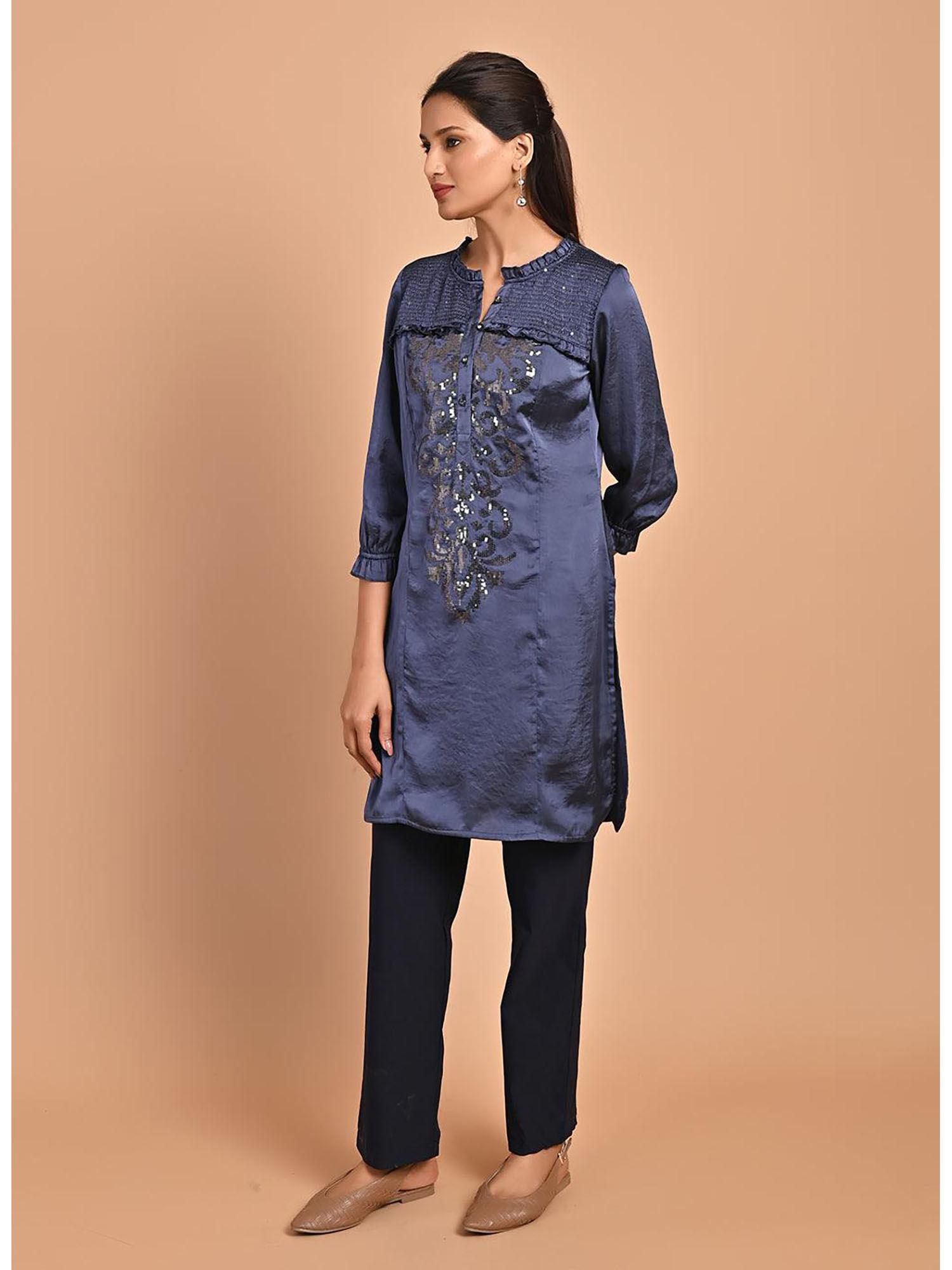 navy blue satin kurti with sequin work & balloon sleeves