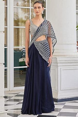 navy blue satin organza & net embroidered pre-draped saree set