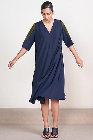 navy blue satin polyester & spandex embroidered midi dress