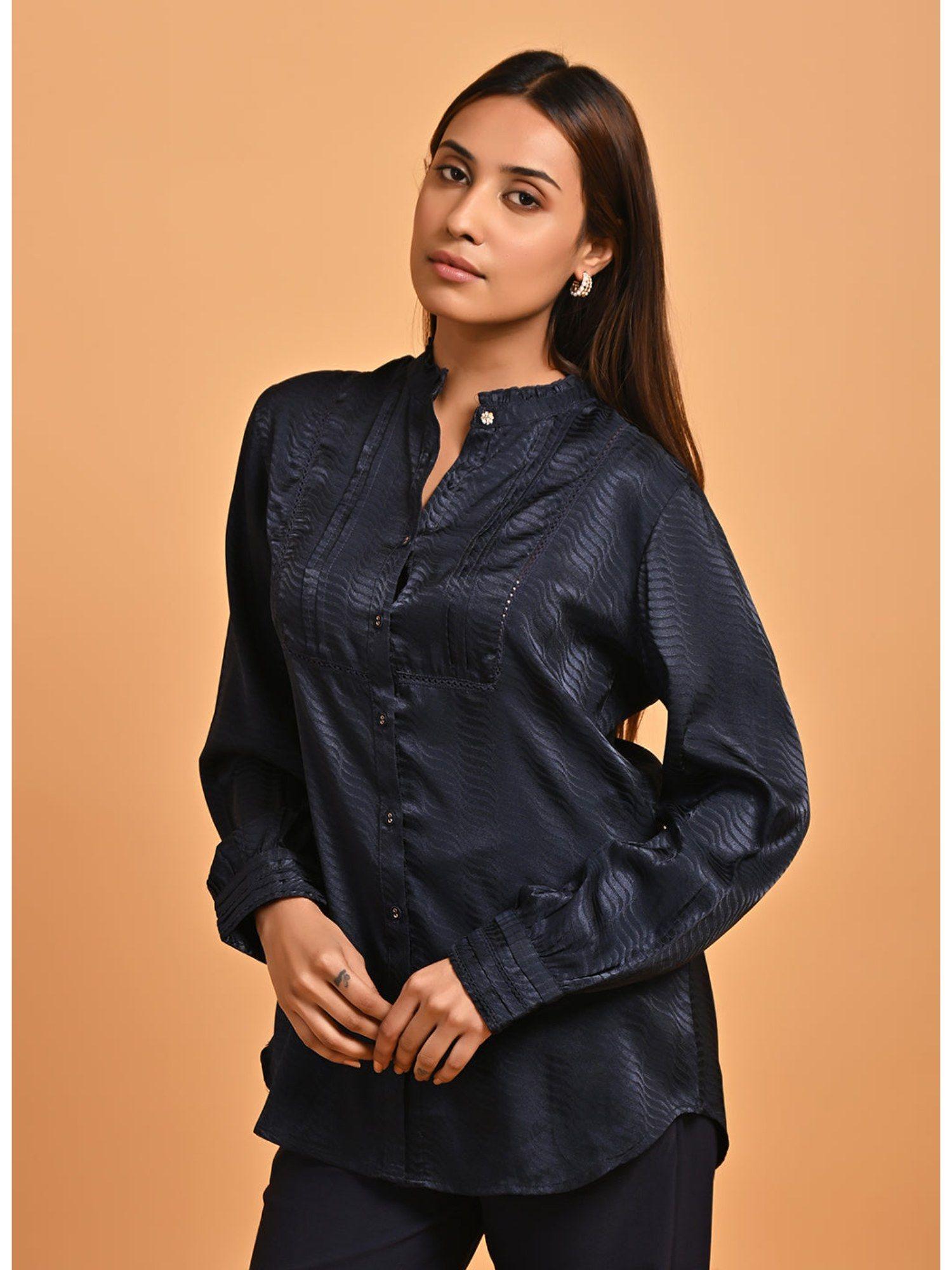 navy blue satin shirt with full sleeves and open front