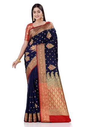 navy blue satin silk solid banarasi saree with beautiful embroidery and stone work in body and border - navy