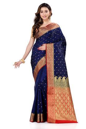 navy blue satin silk solid banarasi saree with beautiful embroidery and stone work in body and border - navy