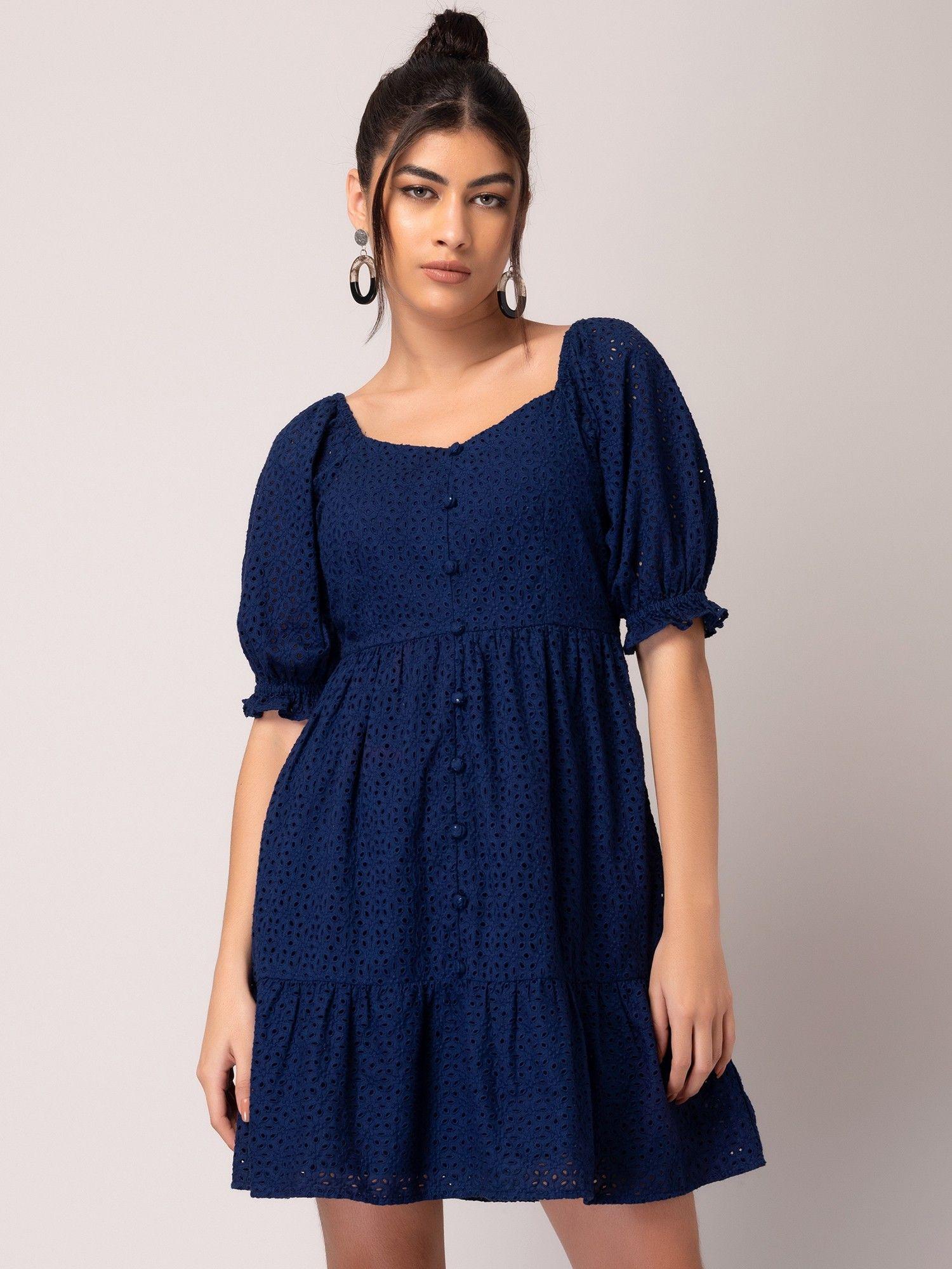 navy blue schiffli tiered dress