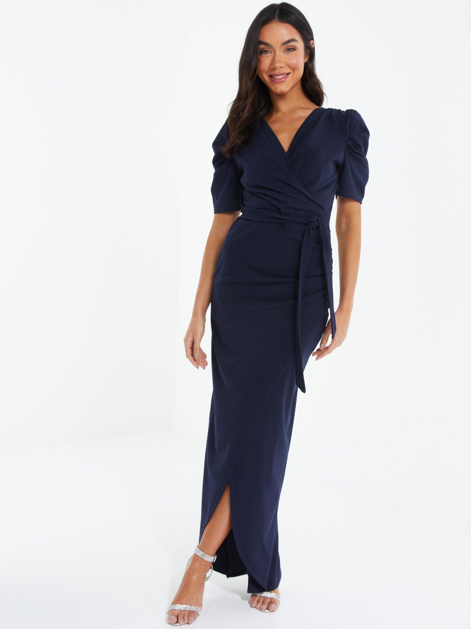 navy blue scuba crepe puff sleeve maxi dress